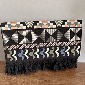 Stella & Dot Embroidered Boho Fringe Clutch Black Blue Tribal Wristlet
